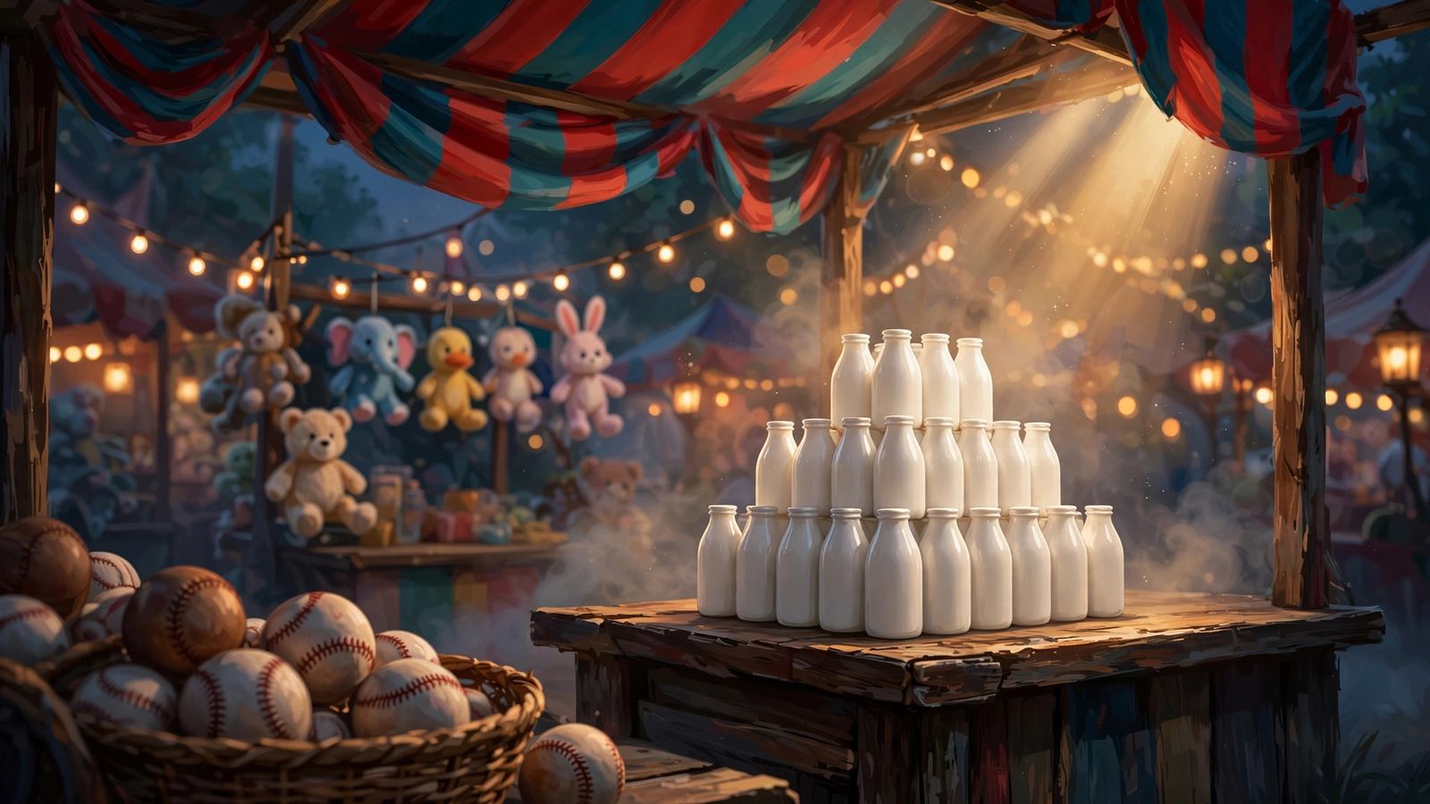 A pyramid of milk bottles on the carnival counter, chalk labels tied to their necks