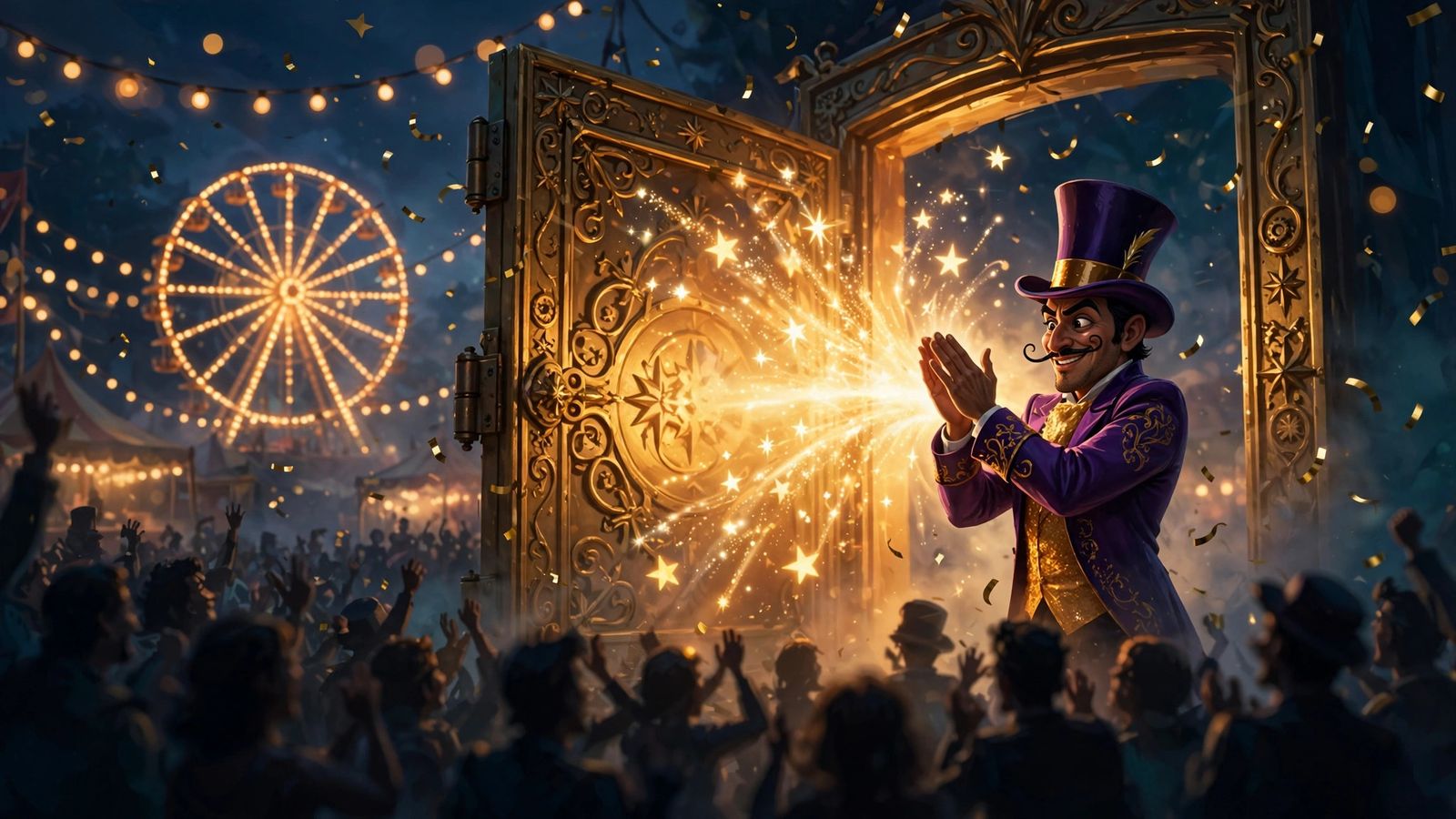 The whole carnival celebrating beneath the Ferris wheel as the Prize Vault bursts open in a shower of stars