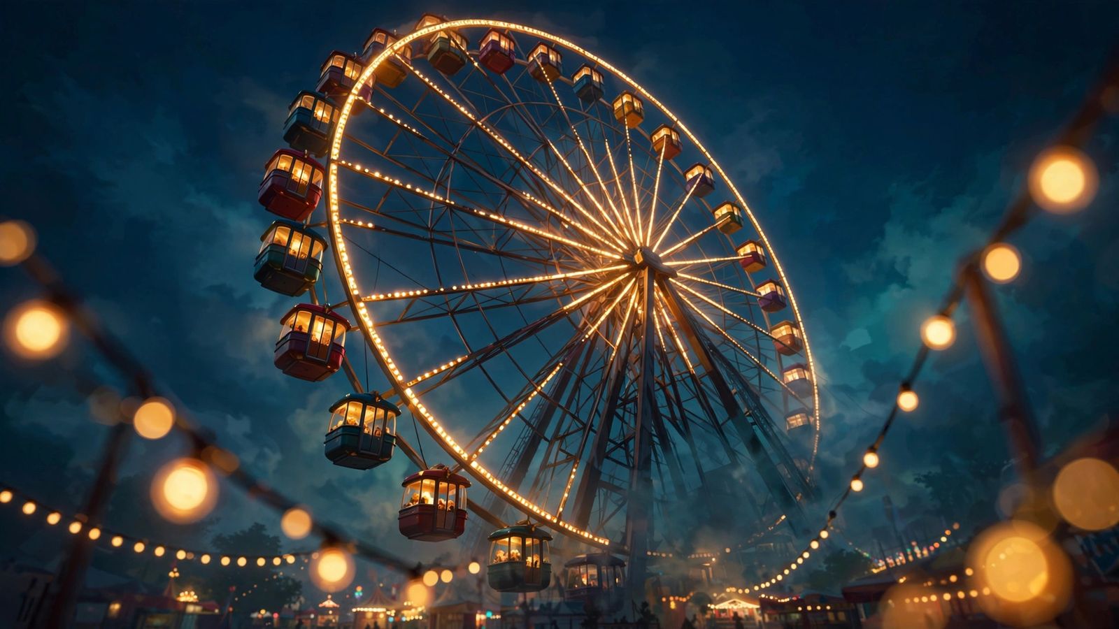 The Ferris wheel turning slowly against the night sky, five riders in its gondolas
