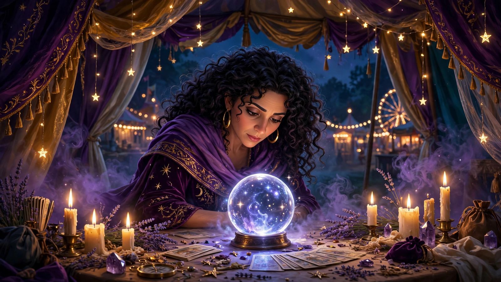 Madame Zara in her fortune tent, a glowing crystal ball on the table before her
