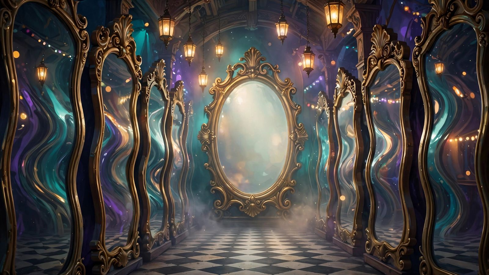 Inside the funhouse, where a grand oval mirror glows between swirling painted walls