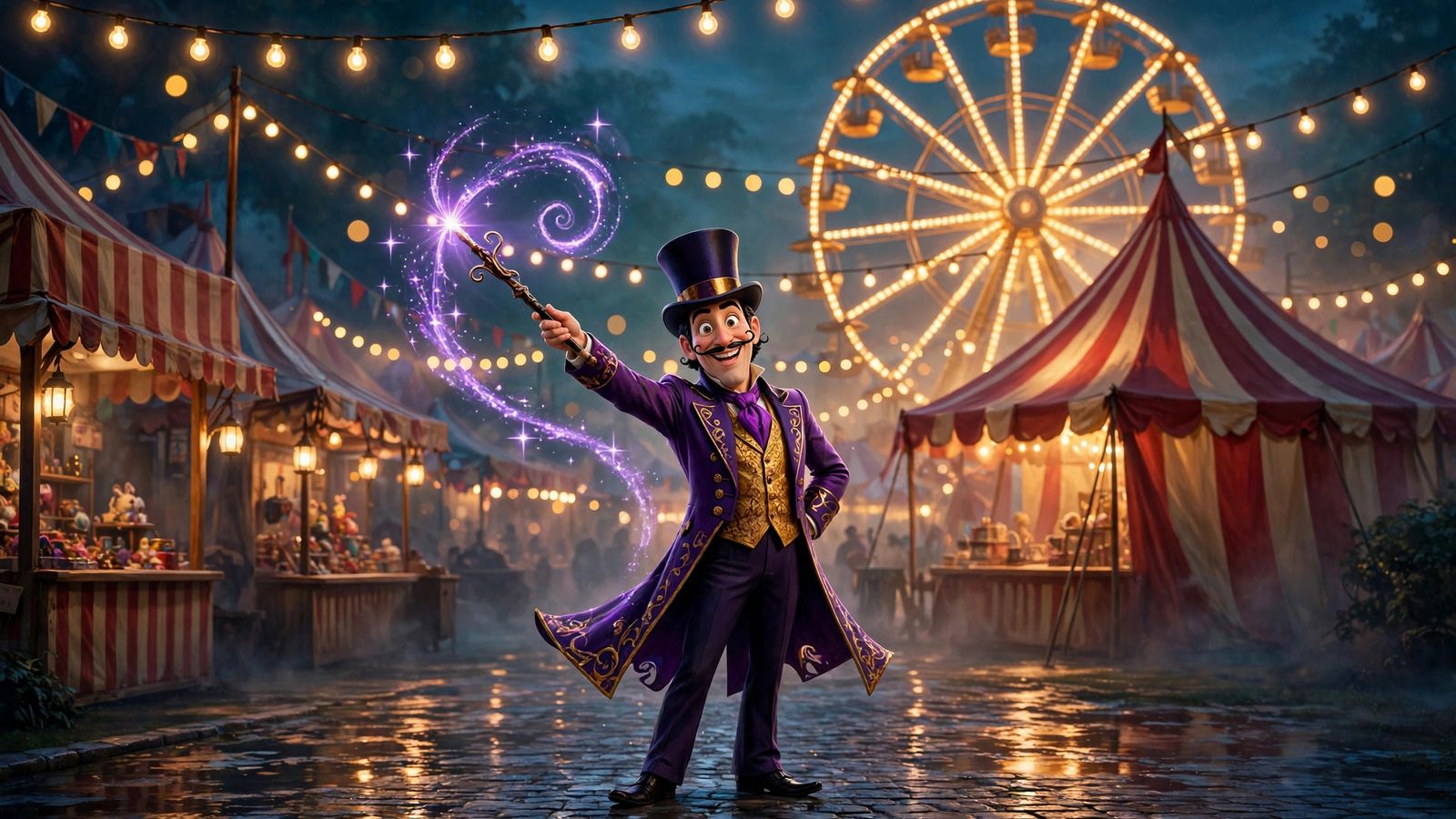 The Starlight Carnival at dusk — Magnifico the magician flourishing his wand before the glowing Ferris wheel