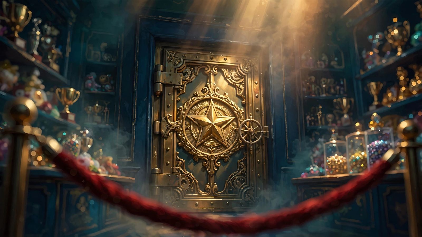 The great brass Prize Vault door, its star medallion and wheel handle gleaming